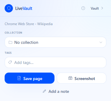 The LiveVault popup open on a Wikipedia article, showing the collection picker, tag input, and Save page / Screenshot buttons.