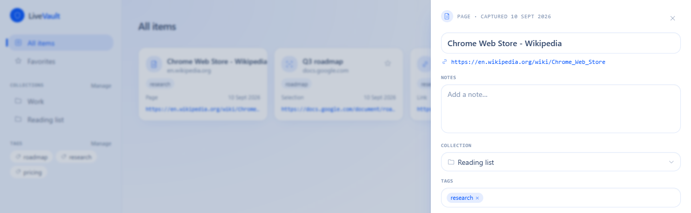 An open item detail panel showing the saved title, the original URL, a notes field, and collection/tag pickers.